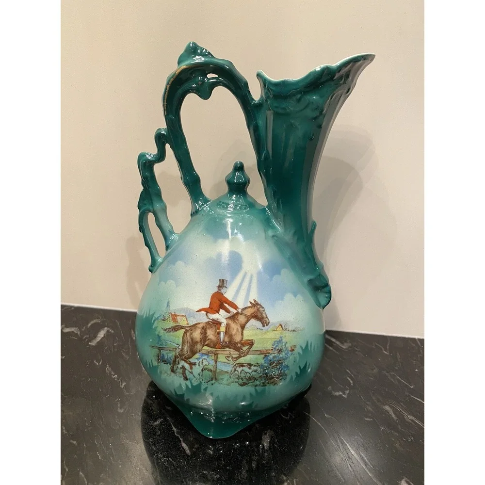 Vintage Green Ceramic Ewer Pitcher Vase Czechoslovakia Hunting Scene 7.5